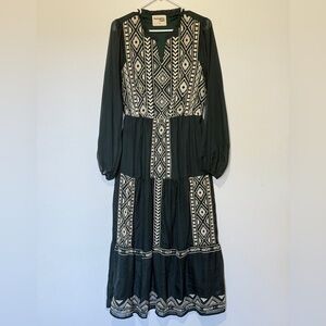 Savanna Jane Embroidered Boho Maxi Dress Green Cream Long Sleeve Women’s M